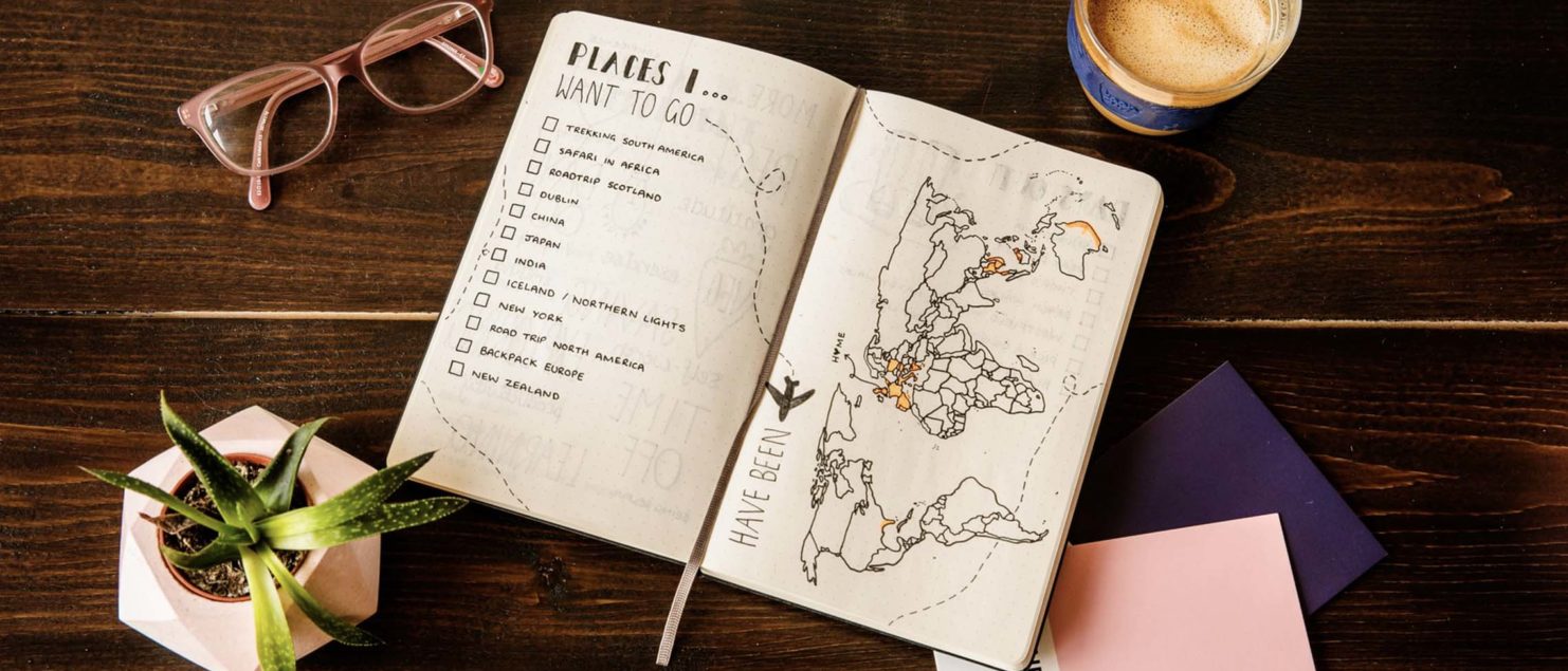 Travel Planning - desk with planning notebook